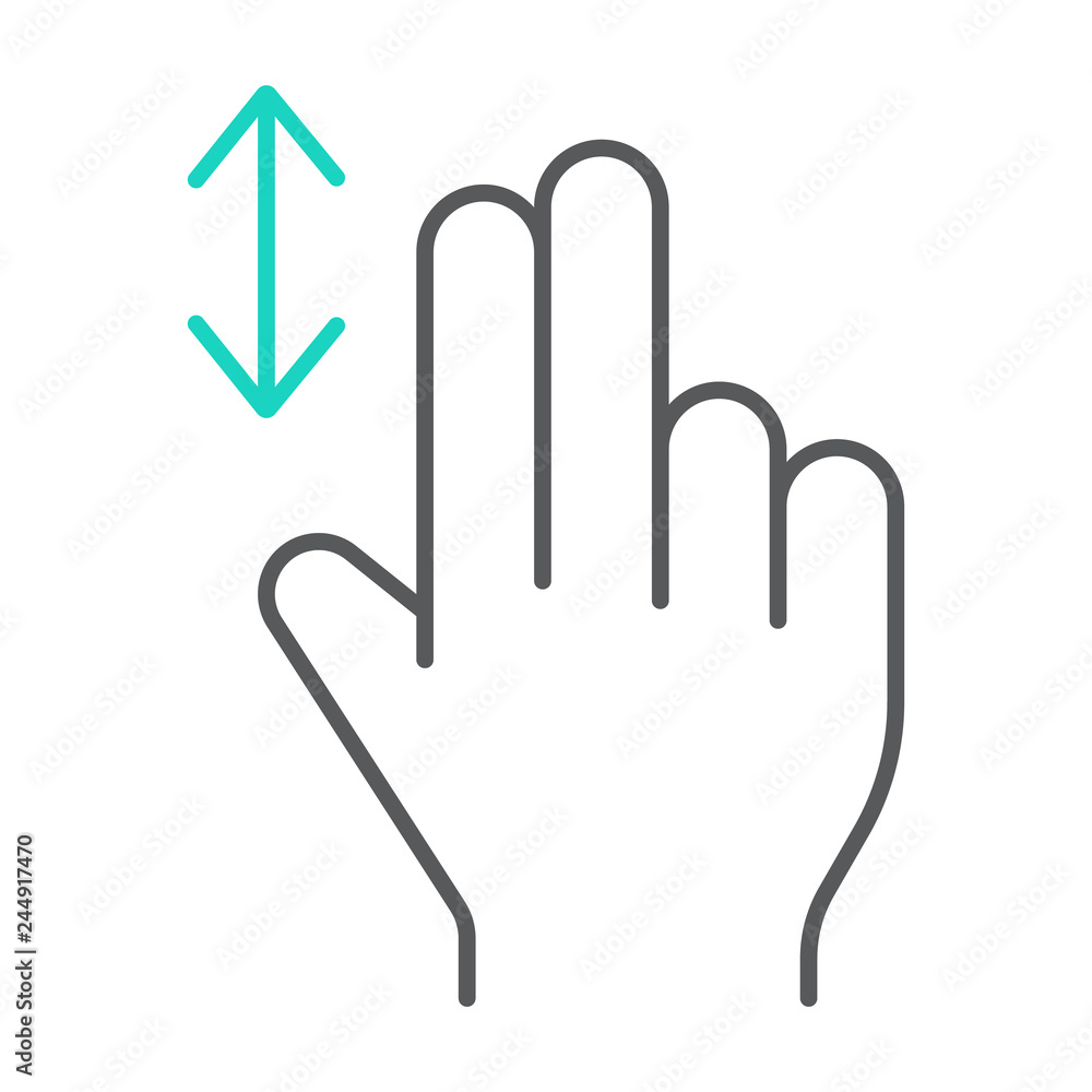 Obraz premium Two finger vertical scroll thin line icon, gesture and hand, press sign, vector graphics, a linear pattern on a white background.