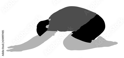 Sport man exercises yoga. Yoga pose vector illustration isolated. Active boy in gym stretching and worming up. Health care activity. Lying down exercise in rehabilitation center. Medical treatment.