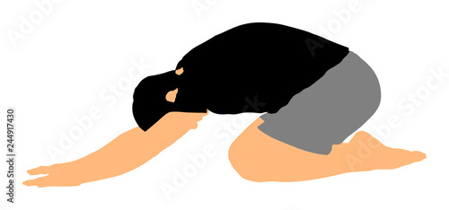 Sport man exercises yoga. Yoga pose vector illustration isolated. Active boy in gym stretching and worming up. Health care activity. Lying down exercise in rehabilitation center. Medical treatment.