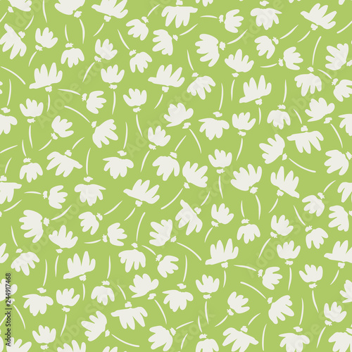 White and Green Abstract Gestural Spring Flowers Vector Seamless Pattern. Simple Clean Floral Backrgound.