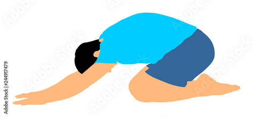 Sport man exercises yoga. Yoga pose vector illustration isolated. Active boy in gym stretching and worming up. Health care activity. Lying down exercise in rehabilitation center. Medical treatment.
