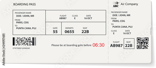 Airline boarding pass ticket for travel by plane. Realistic pattern. Vector illustration.