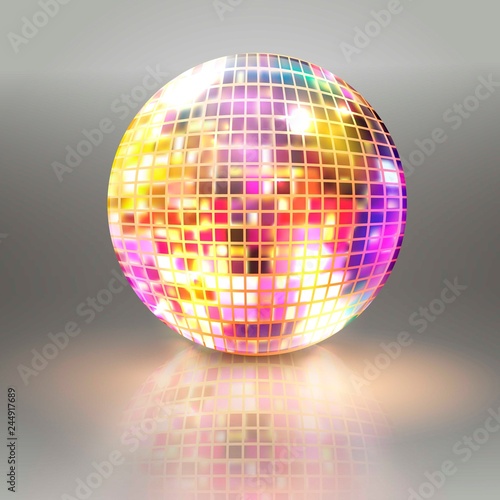 Disco ball isolated illustration. Night Club party light element. Bright mirror color ball design for disco dance club. Vector illustration.