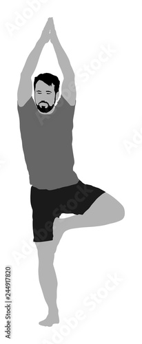 Sport man exercises yoga. Yoga pose vector illustration isolated. Active boy in gym stretching and worming up. Health care activity. Lying down exercise in rehabilitation center. Medical treatment.