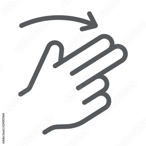 Two finger flick right line icon, gesture and hand, swipe sign, vector graphics, a linear pattern on a white background.