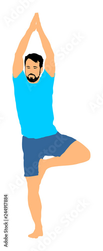 Sport man exercises yoga. Yoga pose vector illustration isolated. Active boy in gym stretching and worming up. Health care activity. Lying down exercise in rehabilitation center. Medical treatment.