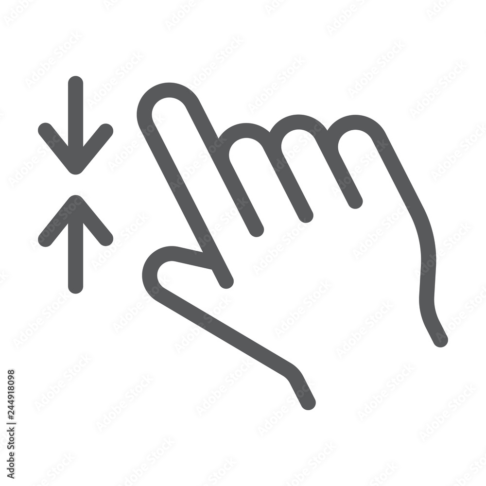 Two finger zoom out line icon, gesture and click, hand sign, vector graphics, a linear pattern on a white background. Two finger zoom out line icon, gesture and click, hand sign, vector graphics, a linear pattern on a white background.