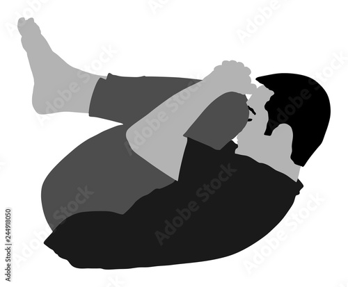 Sport man exercises yoga. Yoga pose vector illustration isolated. Active boy in gym stretching and worming up. Health care activity. Lying down exercise in rehabilitation center. Medical treatment.