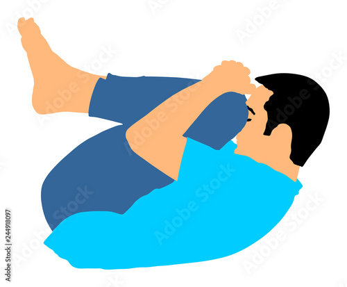 Sport man exercises yoga. Yoga pose vector illustration isolated. Active boy in gym stretching and worming up. Health care activity. Lying down exercise in rehabilitation center. Medical treatment.