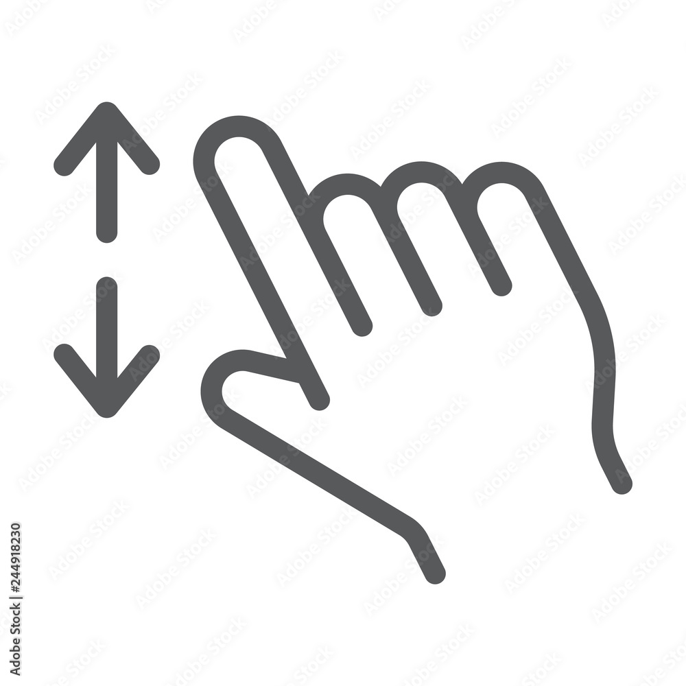 Two fingers zoom in line icon, gesture and click, hand sign, vector graphics, a linear pattern on a white background. Two fingers zoom in line icon, gesture and click, hand sign, vector graphics, a linear pattern on a white background.
