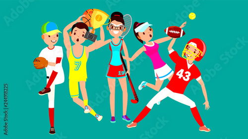 Athlete Set Vector. Man, Woman. Baseball, Basketball, Field Hockey, Tennis, American Football. Group Of Sports People In Uniform, Apparel. Sportsman Character In Game Action. Flat Cartoon Illustration