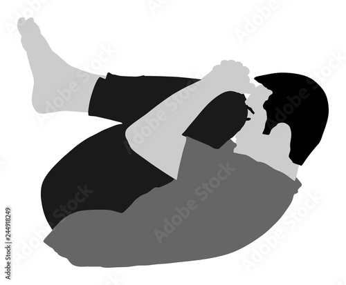 Sport man exercises yoga. Yoga pose vector illustration isolated. Active boy in gym stretching and worming up. Health care activity. Lying down exercise in rehabilitation center. Medical treatment.
