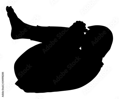 Sport man exercises yoga. Yoga pose vector silhouette isolated. Active boy in gym stretching and worming up. Health care activity. Lying down exercise in rehabilitation center. Medical treatment.