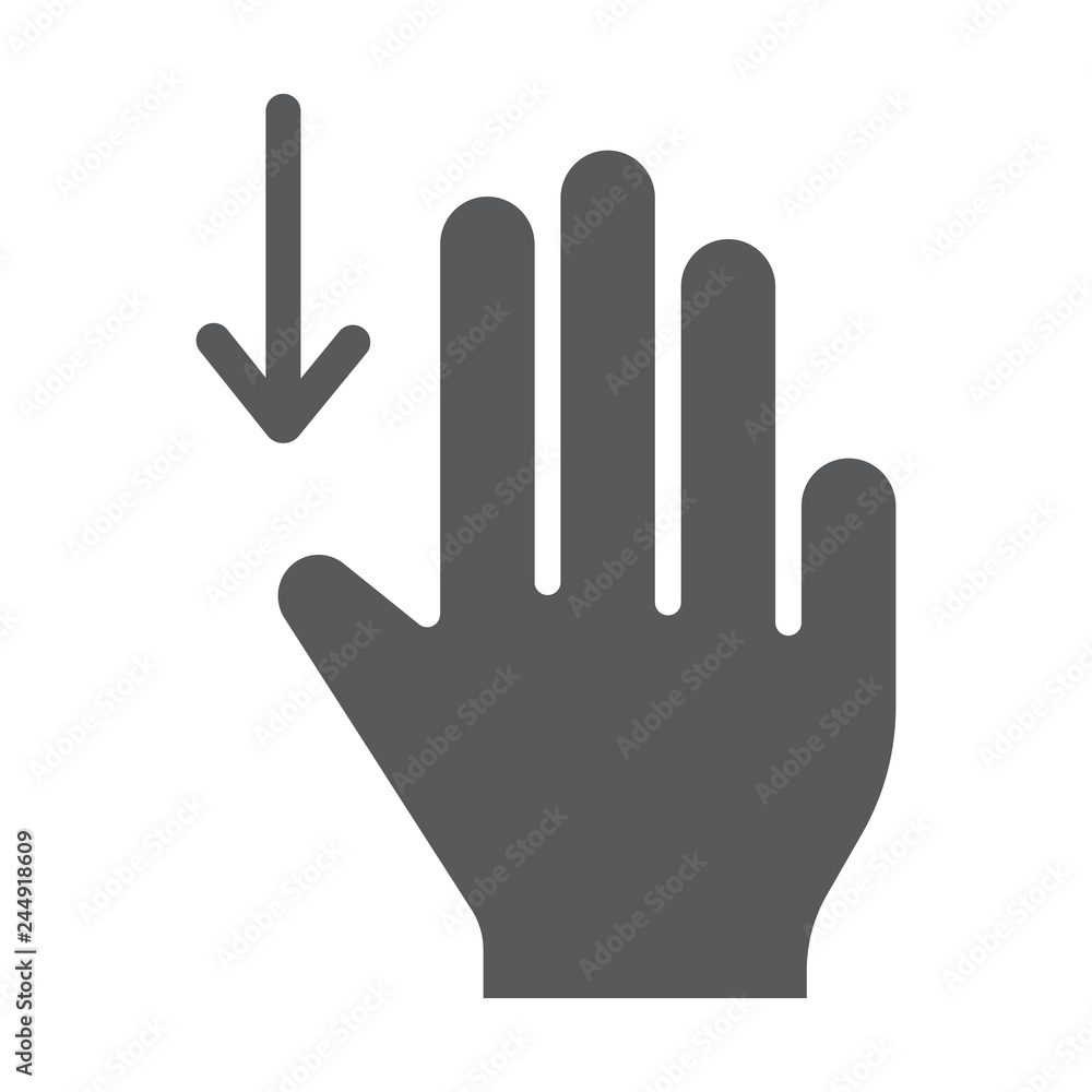 Three fingers drag down glyph icon, gesture and hand, scroll down sign, vector graphics, a solid pattern on a white background. Three fingers drag down glyph icon, gesture and hand, scroll down sign, vector graphics, a solid pattern on a white background.