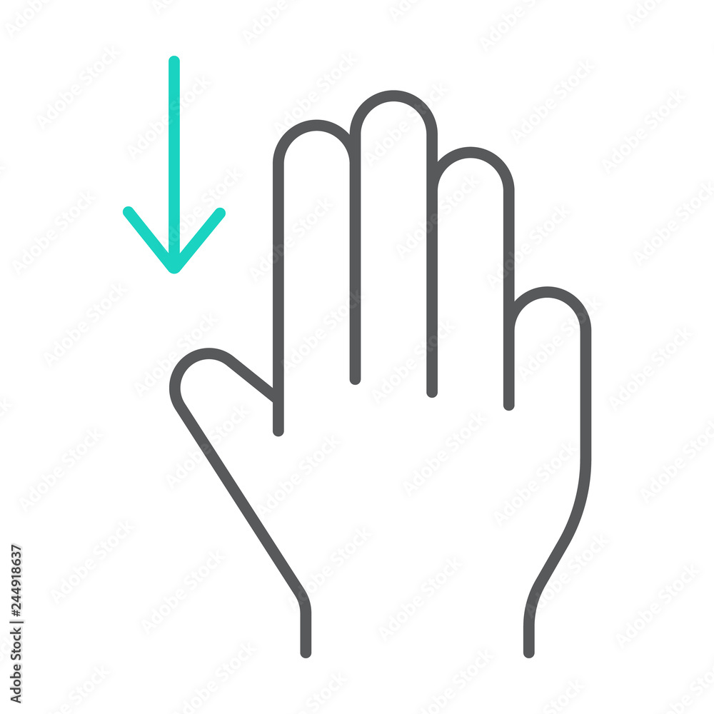 Three fingers drag down thin line icon, gesture and hand, scroll down sign, vector graphics, a linear pattern on a white background. Three fingers drag down thin line icon, gesture and hand, scroll down sign, vector graphics, a linear pattern on a white background.