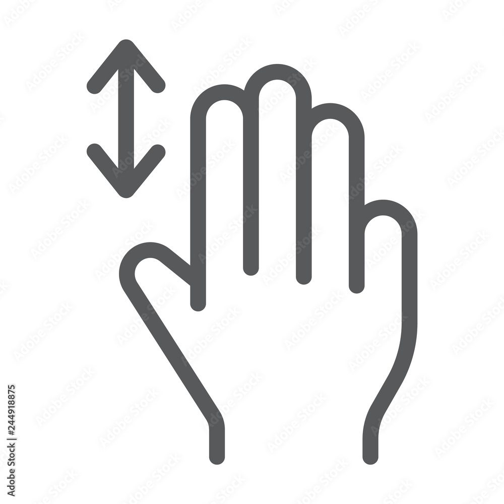 Three fingers vertical scroll line icon, gesture and hand, flick sign, vector graphics, a linear pattern on a white background. Three fingers vertical scroll line icon, gesture and hand, flick sign, vector graphics, a linear pattern on a white background.