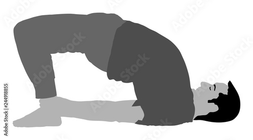 Sport man exercises yoga. Yoga pose vector illustration isolated. Active boy in gym stretching and worming up. Health care activity. Lying down exercise in rehabilitation center. Medical treatment.