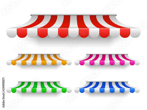 Set of shop awning tents for window. Outdoor market colored canopy, vintage store roof. Colorful sunshade isolated on white background