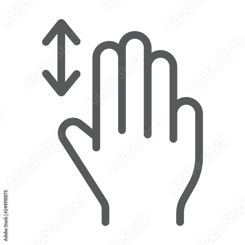 Three fingers vertical scroll line icon, gesture and hand, flick sign, vector graphics, a linear pattern on a white background.