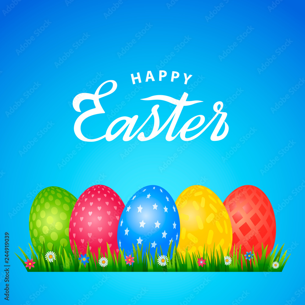 Bright greeting card with handwritten inscription Happy Easter. Retro lettering. A set of Easter eggs with different ornaments on the background of green grass and spring flowers. Bright greeting card with handwritten inscription Happy Easter. Retro lettering. A set of Easter eggs with different ornaments on the background of green grass and spring flowers.