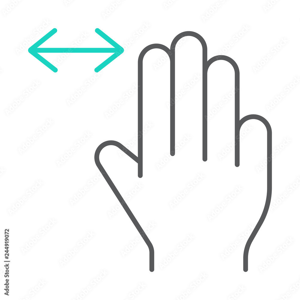 Three fingers horizontal scroll thin line icon, gesture and hand, flick sign, vector graphics, a linear pattern on a white background. Three fingers horizontal scroll thin line icon, gesture and hand, flick sign, vector graphics, a linear pattern on a white background.
