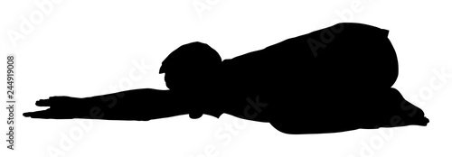 Sport man exercises yoga. Yoga pose vector silhouette isolated. Active boy in gym stretching and worming up. Health care activity. Lying down exercise in rehabilitation center. Medical treatment.