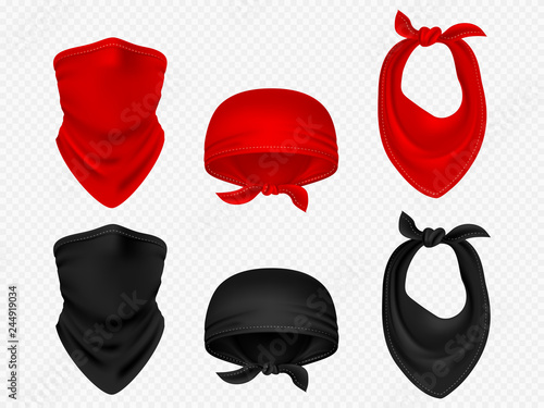 Head bandanas, neck scarf and balaclava realistic vector set isolated on white background illustration