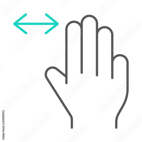 Three fingers horizontal scroll thin line icon, gesture and hand, flick sign, vector graphics, a linear pattern on a white background.
