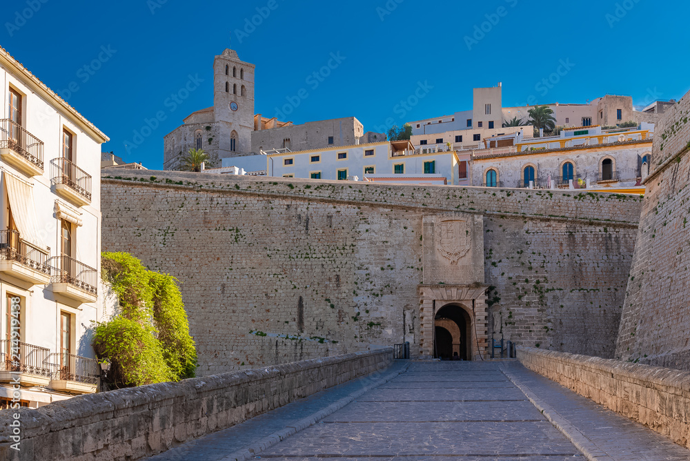 Ibiza, entry porch of the old city of Eivissa, the walls with the church in background