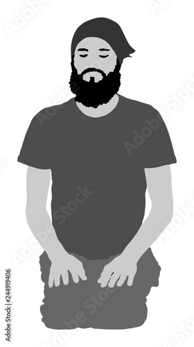 Sport man exercises yoga. Yoga pose vector illustration isolated. Active boy in gym stretching and worming up. Health care activity. Lying down exercise in rehabilitation center. Medical treatment.