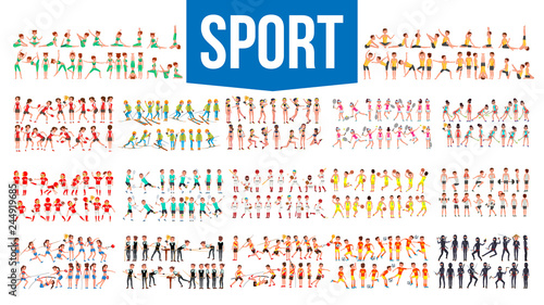 Athlete Set Vector. Man, Woman. Group Of Sports People In Uniform, Apparel. Character In Game Action. Flat Cartoon Illustration