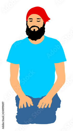 Sport man exercises yoga. Yoga pose vector illustration isolated. Active boy in gym stretching and worming up. Health care activity. Lying down exercise in rehabilitation center. Medical treatment.