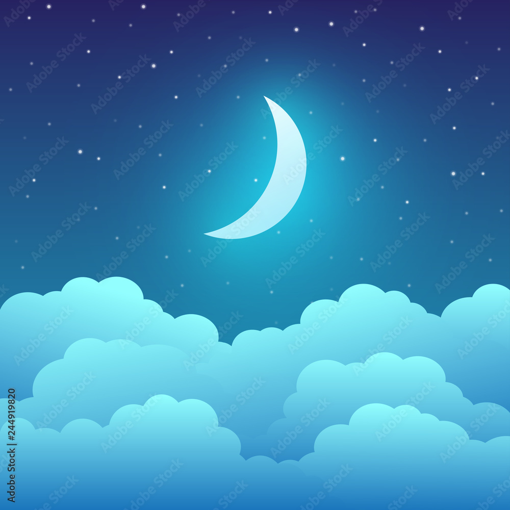 Naklejka premium Crescent moon with clouds and stars in the night sky. Vector illustration