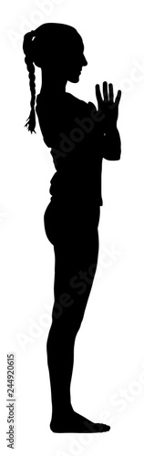 Woman exercises yoga, Yoga pose vector silhouette illustration isolated on white background. Young woman morning practice in gym. Ballet girl pose.