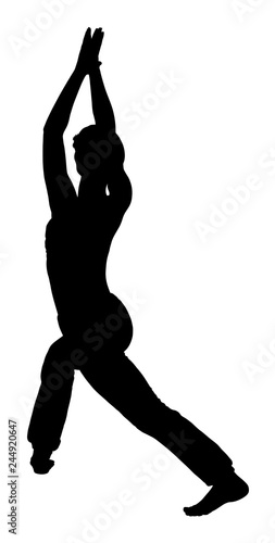 Woman exercises yoga, Yoga pose vector silhouette illustration isolated on white background. Young woman morning practice in gym. Ballet girl pose.
