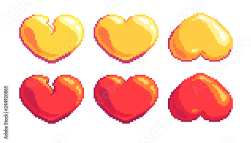 Vector pixel art hearts red and gold upside down and broken