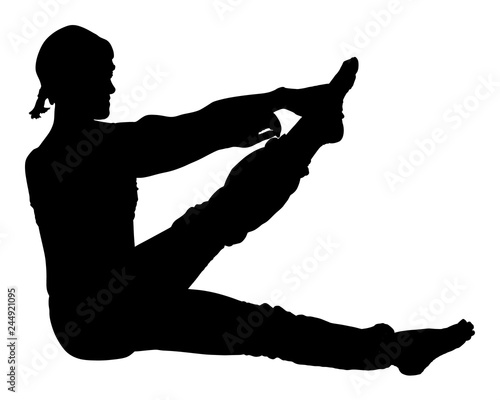 Woman exercises yoga, Yoga pose vector silhouette illustration isolated on white background. Young woman morning practice in gym. Ballet girl pose.