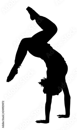 Woman exercises yoga, Yoga pose vector silhouette illustration isolated on white background. Young woman morning practice in gym. Ballet girl pose.