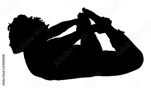 Woman exercises yoga, Yoga pose vector silhouette illustration isolated on white background. Young woman morning practice in gym. Ballet girl pose.