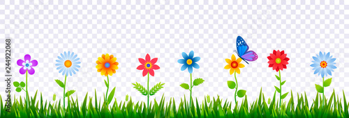 Bright border of green grass with spring flowers. Template for decorating Easter cards, posters, banners. Realistic vector illustration