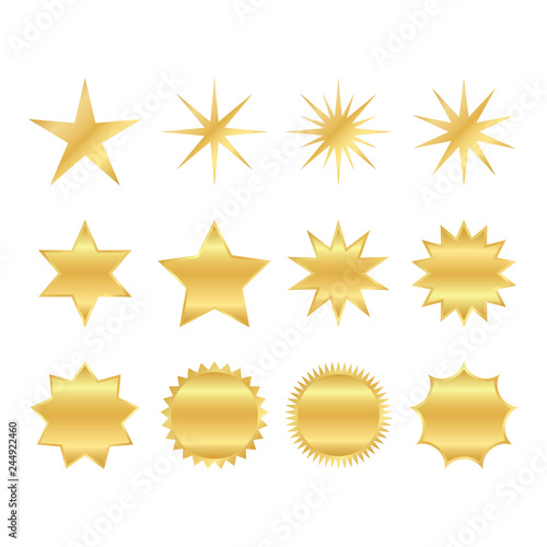 set of trendy shapes of retro stars. sunburst design elements. The golden, brilliant ray of fireworks. Best for sale sticker, price tag, quality mark.