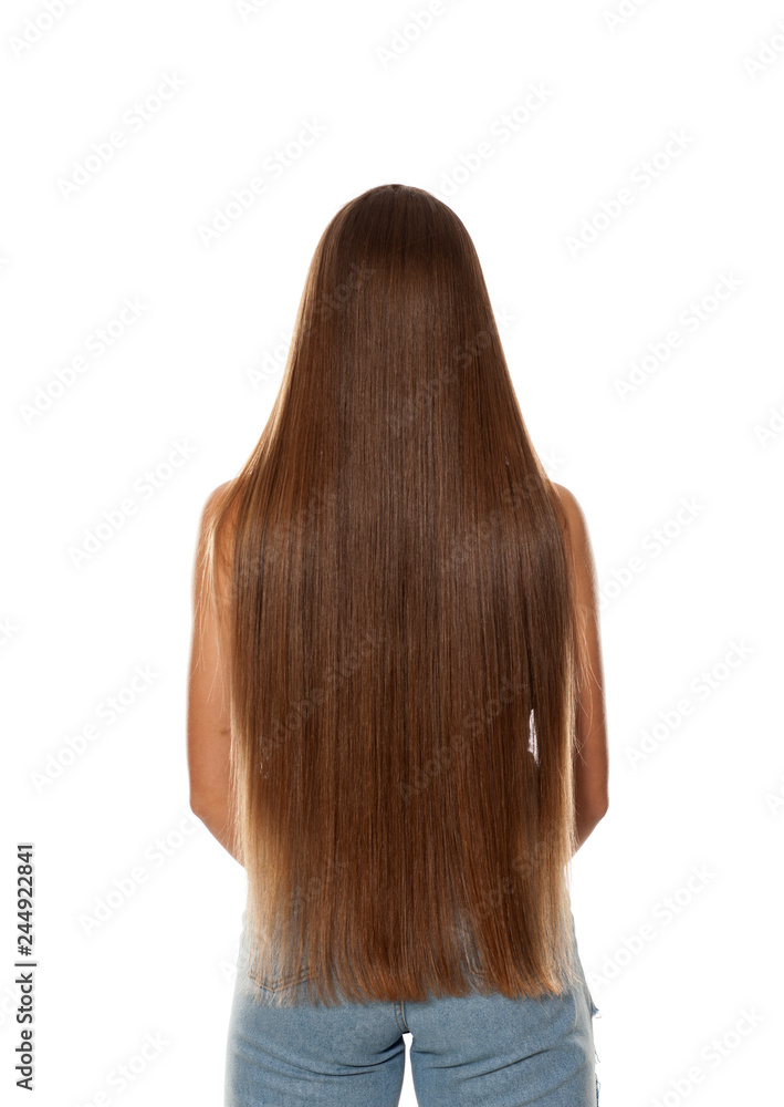 Back view of young woman with very long hair on white background Stock  Photo | Adobe Stock