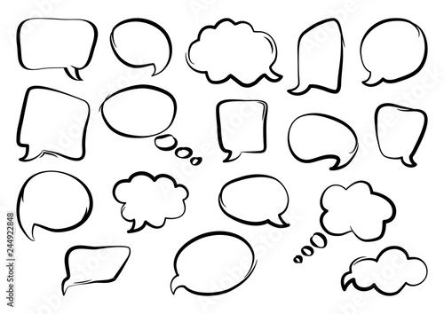 Set of speech bubbles, hand drawn, outline design. Vector illustration