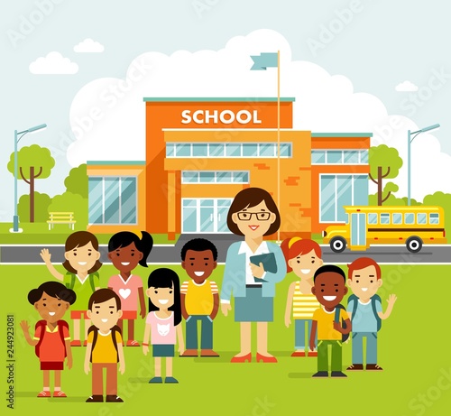 School building and school children in flat style.