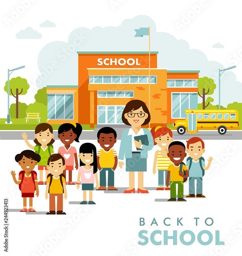 School building and school children in flat style. Modern school, college building on city street background, with bus and front yard. Group of kids and young teacher woman.