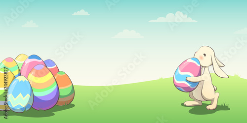 Сute Easter bunny holding egg illustration pile of eggs Сopy space for text