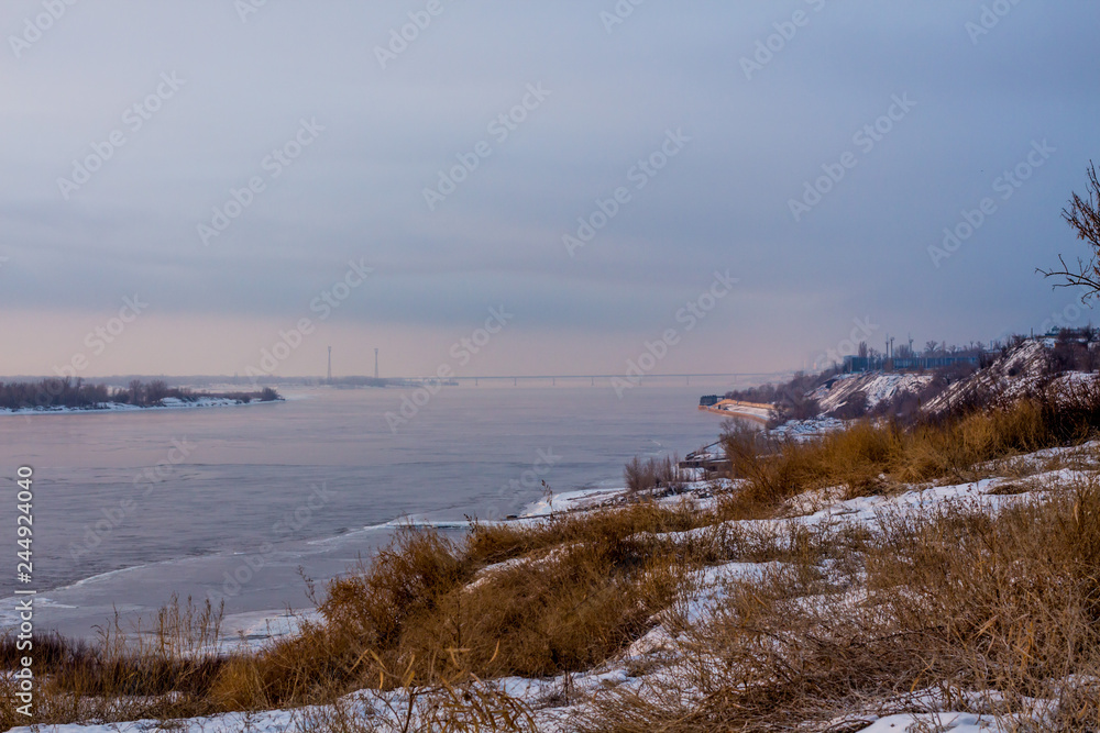 beautiful sunrise over the river in winter