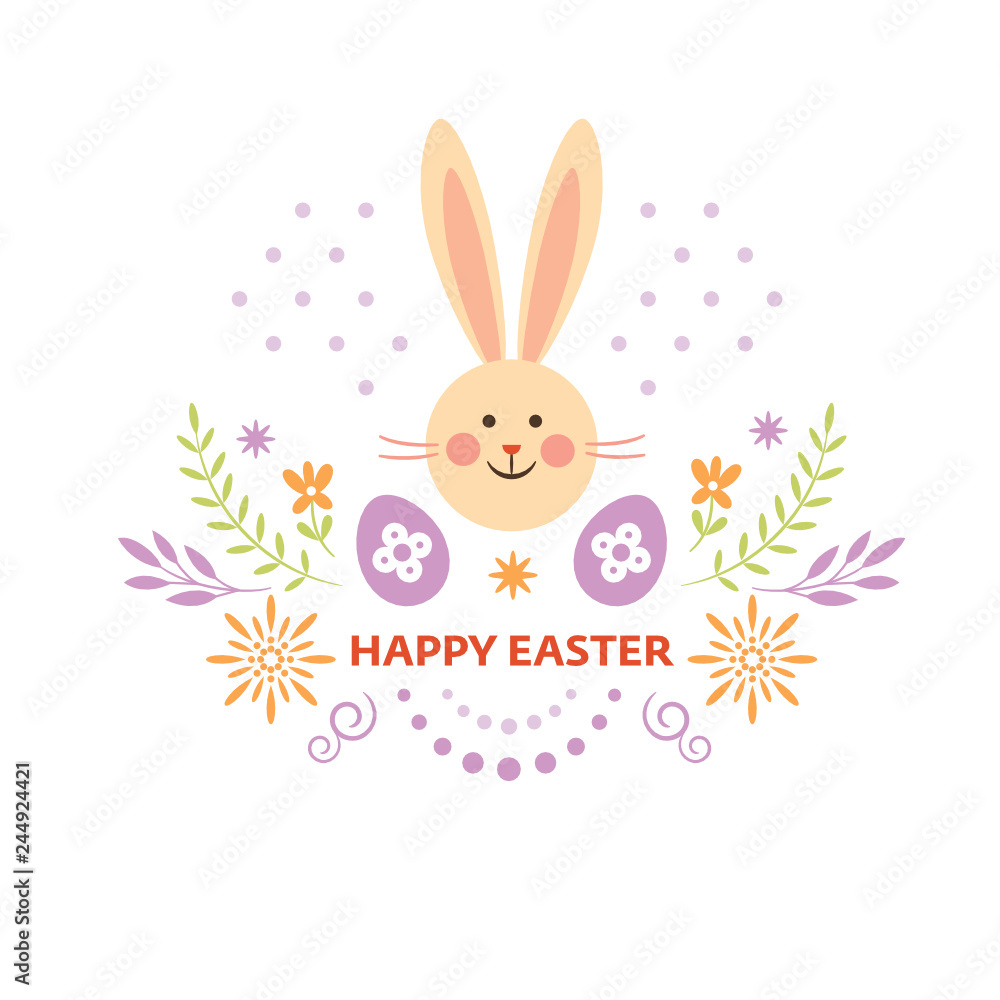 Happy Easter Greeting card, cute bunny and floral decorative elements Happy Easter Greeting card, cute bunny and floral decorative elements