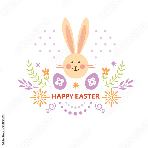 Happy Easter Greeting card  cute bunny and floral decorative elements