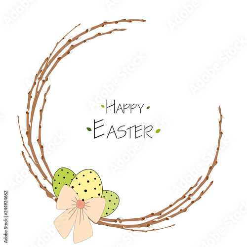 Colorful Happy Easter greeting card with willow wreath, Easter eggs and text. Easter background. Hand drawn vector illustration